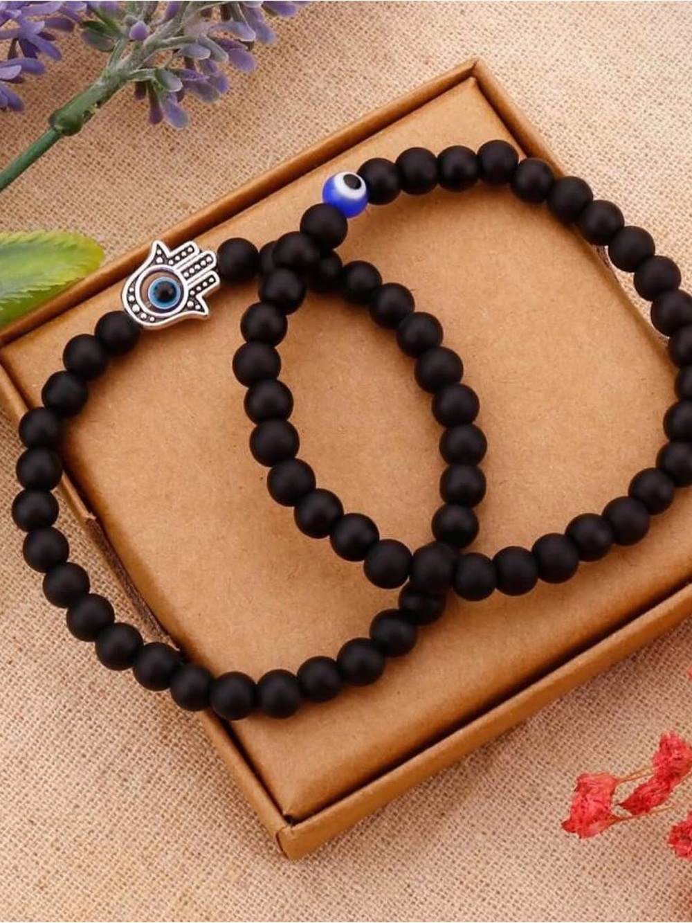 Men's Black Matte Beaded Bracelet Set with Hamsa & Evil Eye Accent